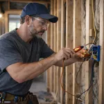 Elektriker som arbetar med elinstallation i äldre hus – noggrant arbete med elsystem i synlig trästomme och isolering.