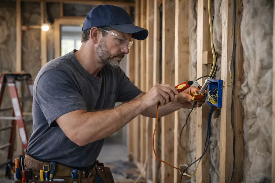 Elektriker som arbetar med elinstallation i äldre hus – noggrant arbete med elsystem i synlig trästomme och isolering.